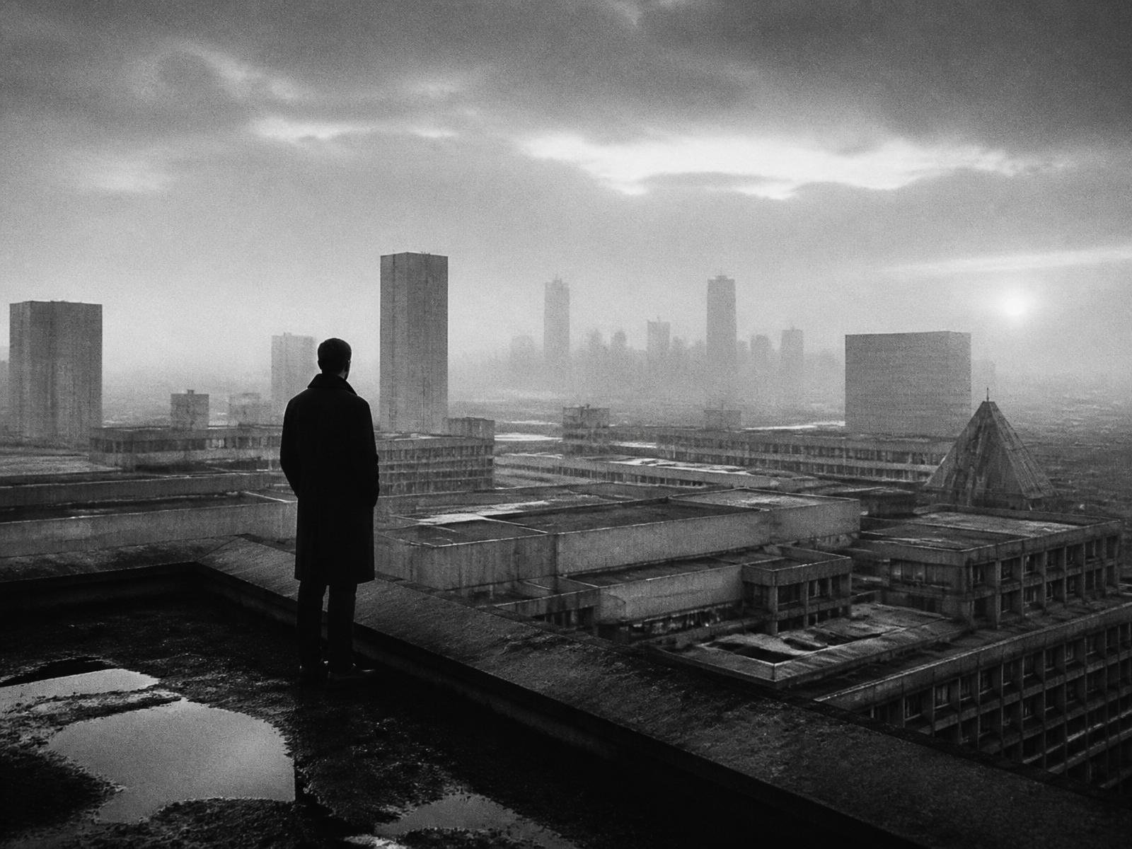 Homem observando a cidade ao amanhecer, em preto e branco
